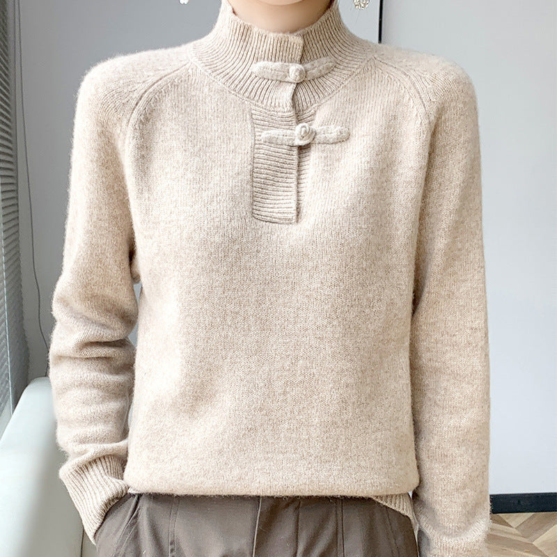 Damen Kaschmir‑Optik Mockneckpullover mit dekorativer KnShop Noryelknopfblende Shop Nory