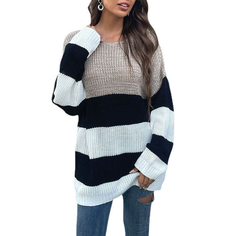 Damen Oversize-Blockstreifen-Pullover aus grobem Strick mit weitem Schnitt Shop Nory