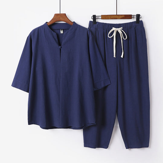 Damen Leichtes Leinen-Baumwoll-Loungewear-Set mit Stehkragen, Dreiviertelärmeln und Gummizugbundhose Shop Nory