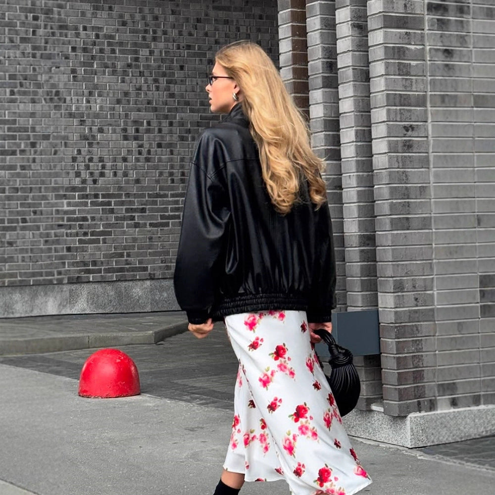 Damen Boxy-Lederimitat-Blouson mit Stehkragen und gerafften Bündchen Shop Nory