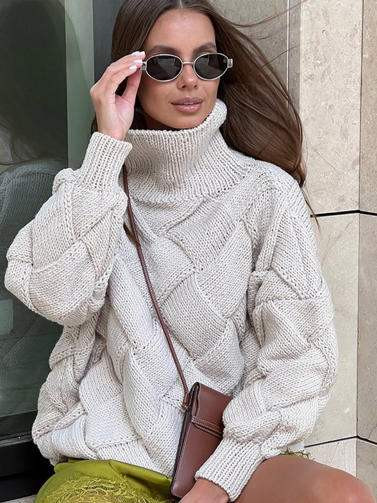 Damen Oversize Strickpullover mit Rollkragen, Zopfmuster und voluminösen Ballonärmeln Shop Nory