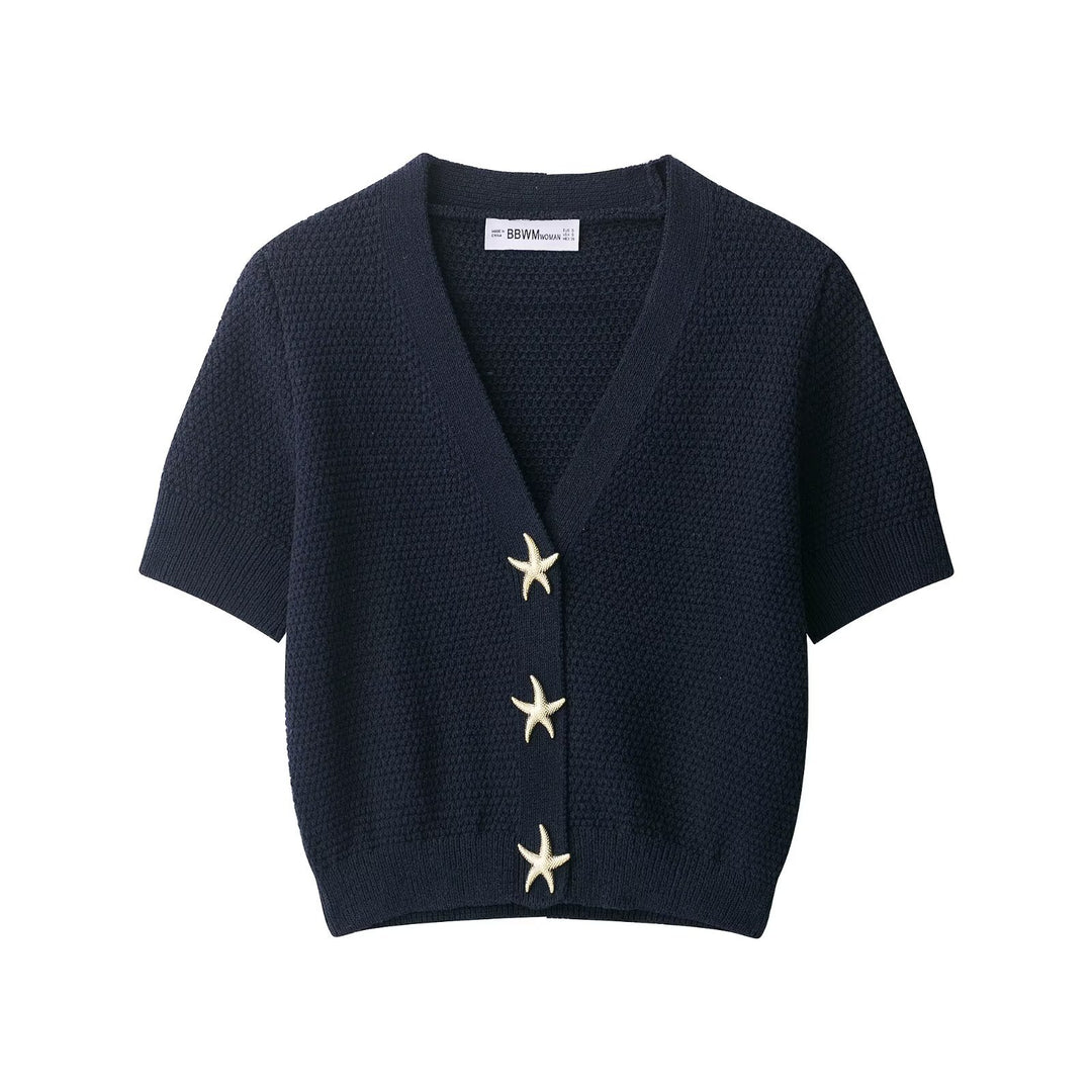 Damen Kurzärmeliger strukturierter Strick-Cardigan mit V-Ausschnitt und Seesternknöpfen Shop Nory