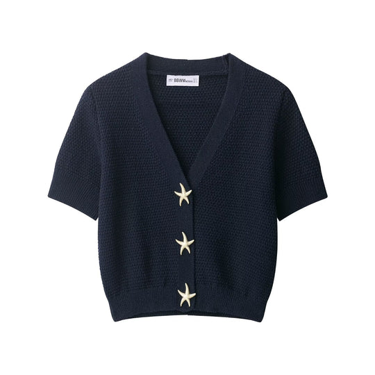 Damen Kurzärmeliger strukturierter Strick-Cardigan mit V-Ausschnitt und Seesternknöpfen Shop Nory