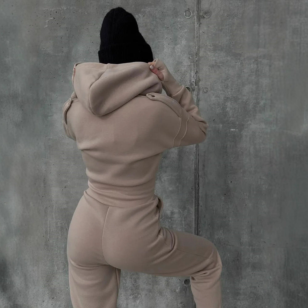 Damen Figurbetontes Kapuzen-Loungewear-Set mit tailliertem Zip-Hoodie und High-Waist Jogginghose Shop Nory