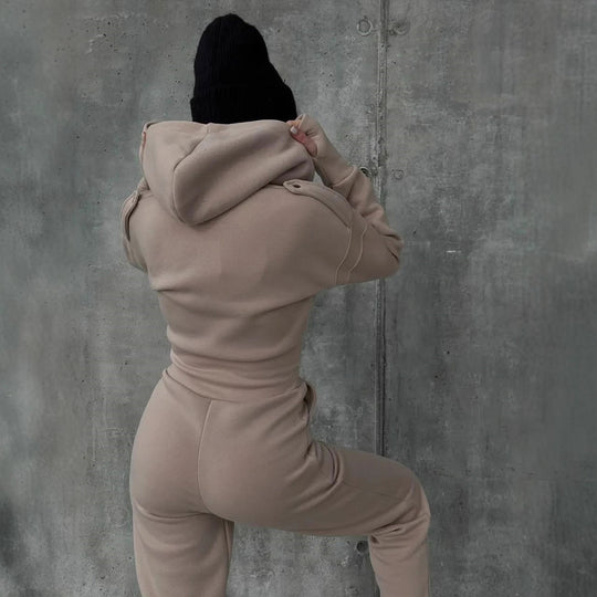 Damen Figurbetontes Kapuzen-Loungewear-Set mit tailliertem Zip-Hoodie und High-Waist Jogginghose Shop Nory