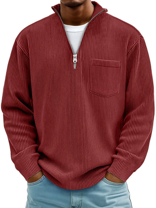 Herren Rippstrickpullover mit kurzem Reißverschluss und Brusttasche EB