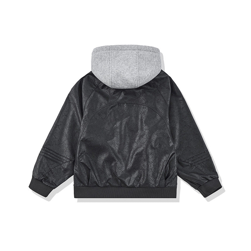 Unisex Weit geschnittene Kunstleder Bomberjacke mit kontrastkapuze und Rippbündchen Shop Nory