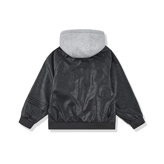 Unisex Weit geschnittene Kunstleder Bomberjacke mit kontrastkapuze und Rippbündchen Shop Nory