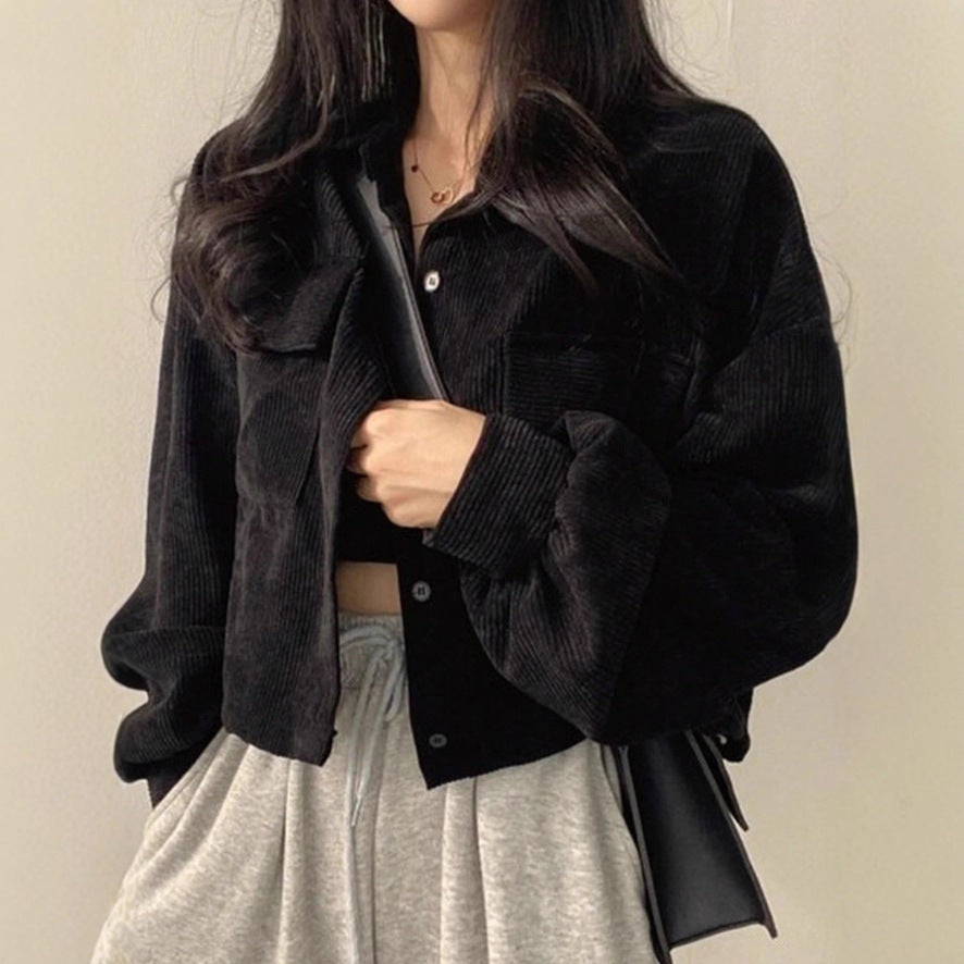 Damen Kurzgeschnittene Cordjacke mit Oversize-Ärmeln und Brusttaschen Shop Nory