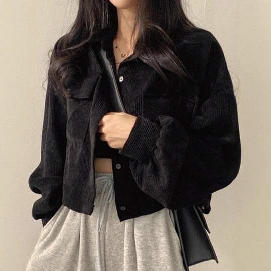 Damen Kurzgeschnittene Cordjacke mit Oversize-Ärmeln und Brusttaschen Shop Nory