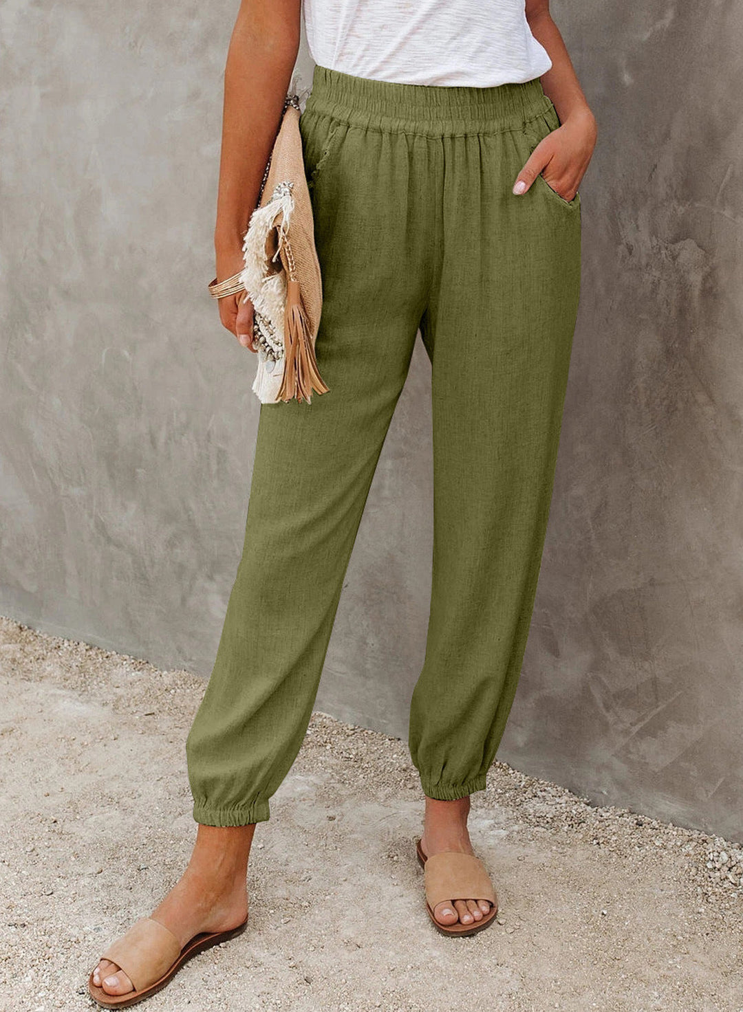 Damen lässige Leinen-Hose mit elastischem Bund und Gummizug