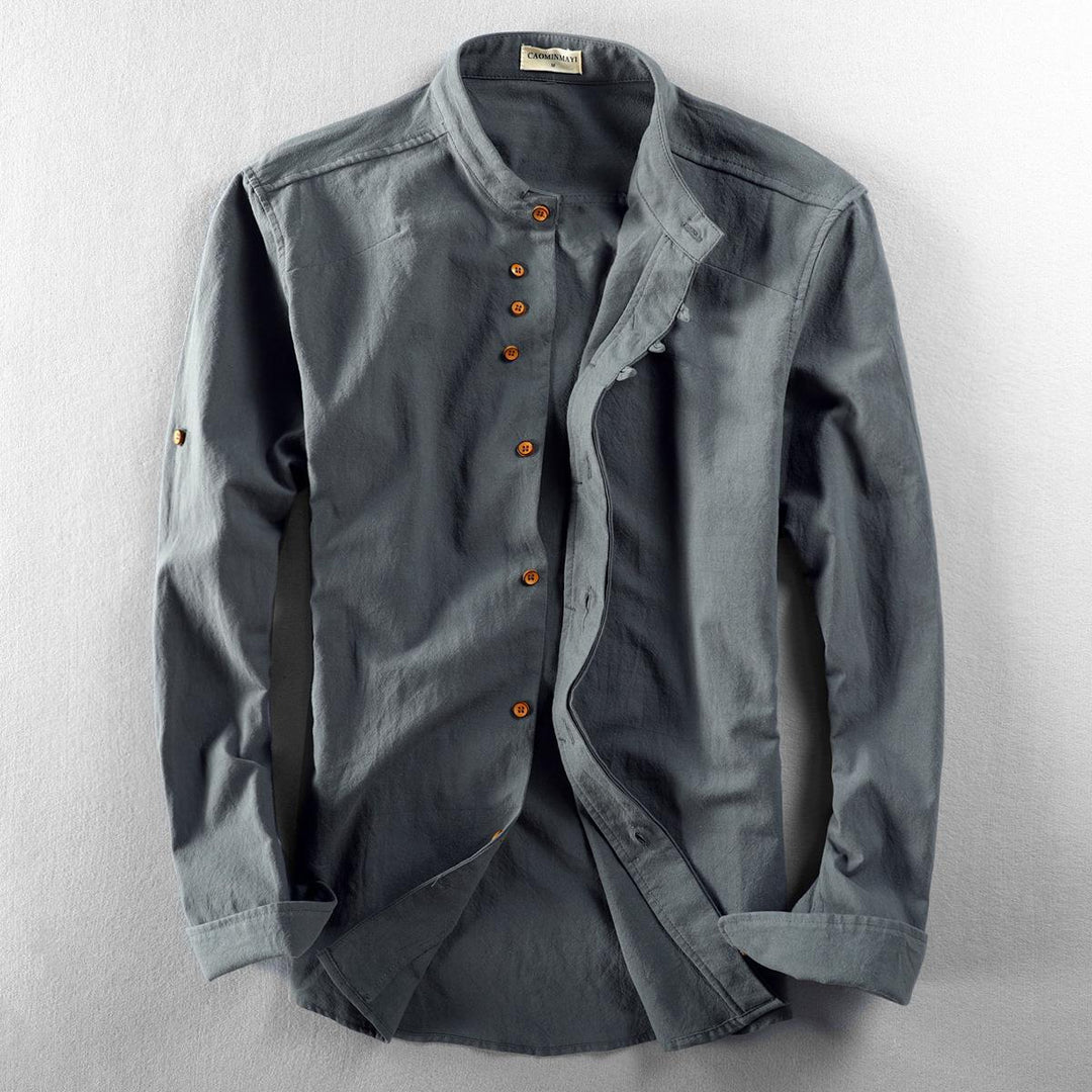 Herren Leichtes Baumwoll-Leinen Overshirt mit Stehkragen und Knopfleisten-Detail Shop Nory