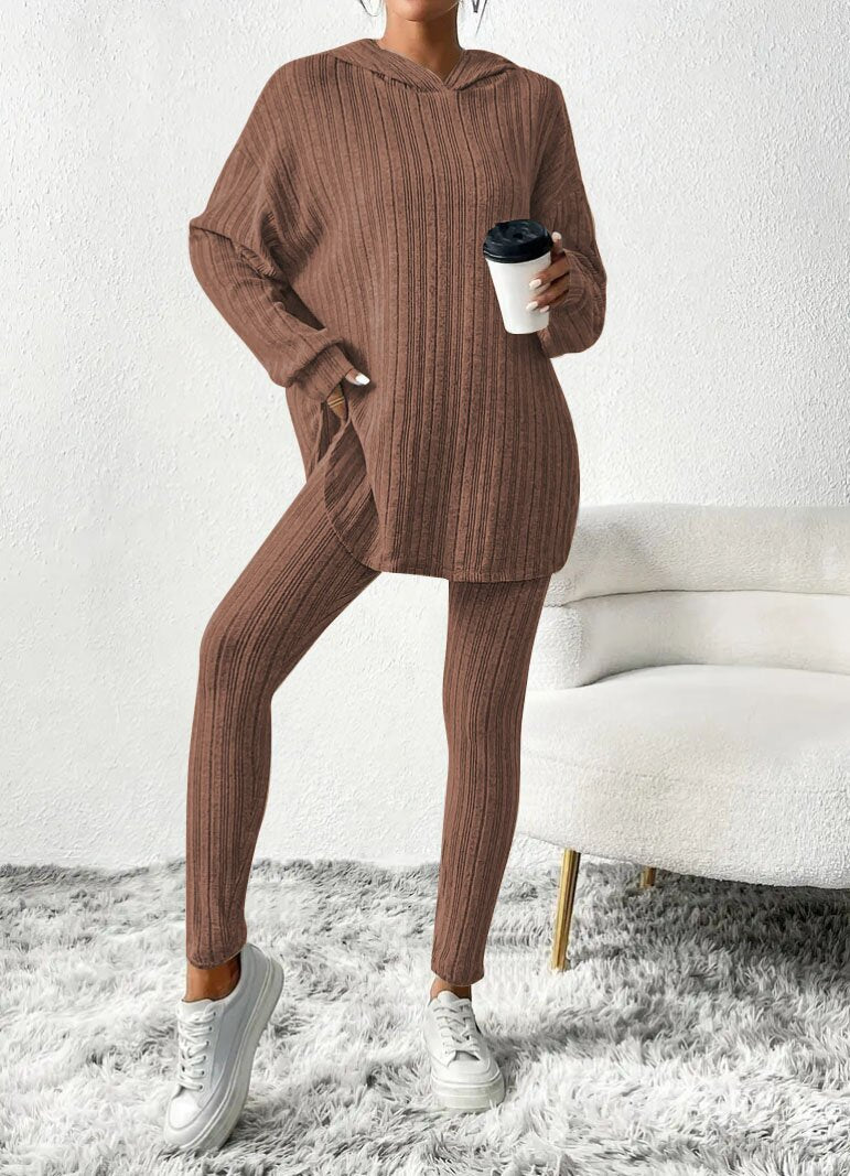 Damen Geripptes Feinstrick‑Loungewear‑Set mit Kapuzenpullover und hochtaillierten Leggings Shop Nory