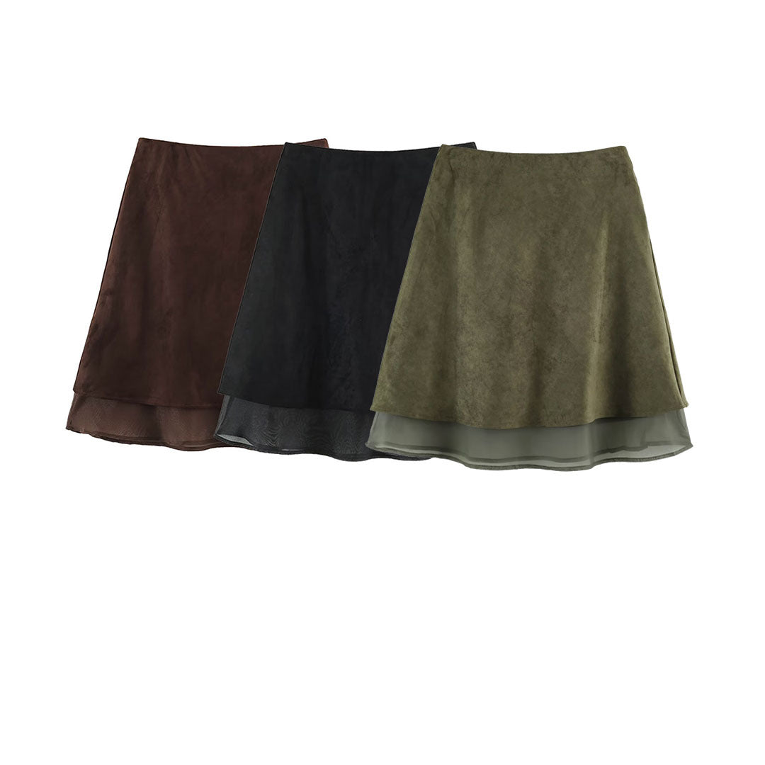 Damen A‑Linien Midirock mit Veloursoptik und Chiffon‑Volant Shop Nory