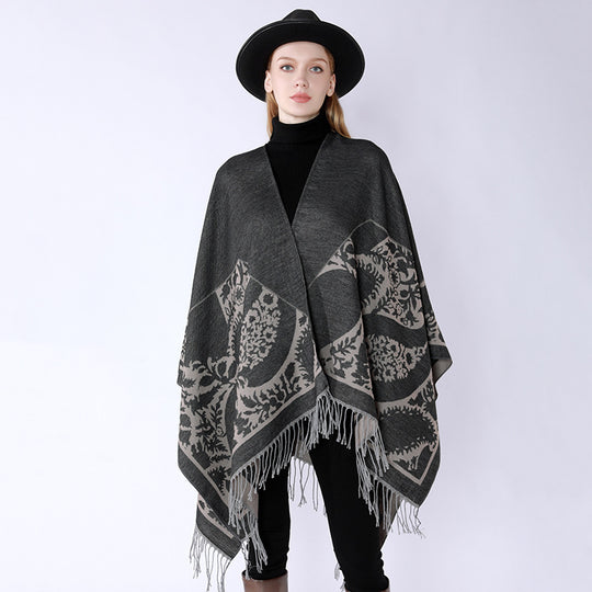 Damen Oversize-Umhangponcho mit floralen Medaillon-Jacquard und Fransensaum Shop Nory