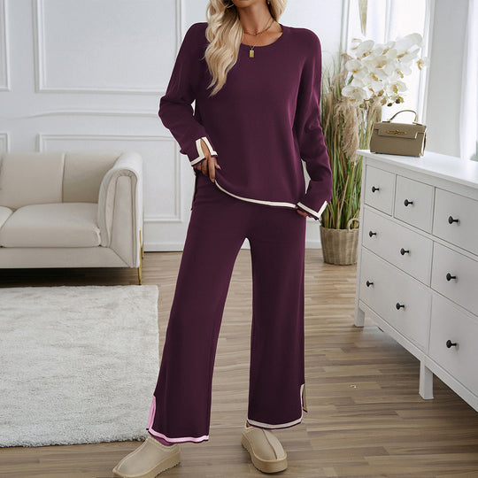 Damen nan entspanntes Lounge-Set mit weichem Rundhalsausschnitt, Kontrastpaspel und weiter Palazzohose Shop Nory