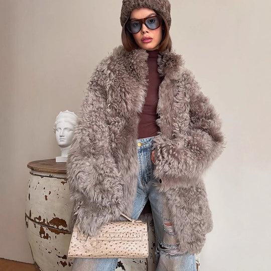 Damen Oversize Kunstfell‑Mantel mit lockiger Teddy‑Optik und weiter Boxy‑Silhouette Shop Nory