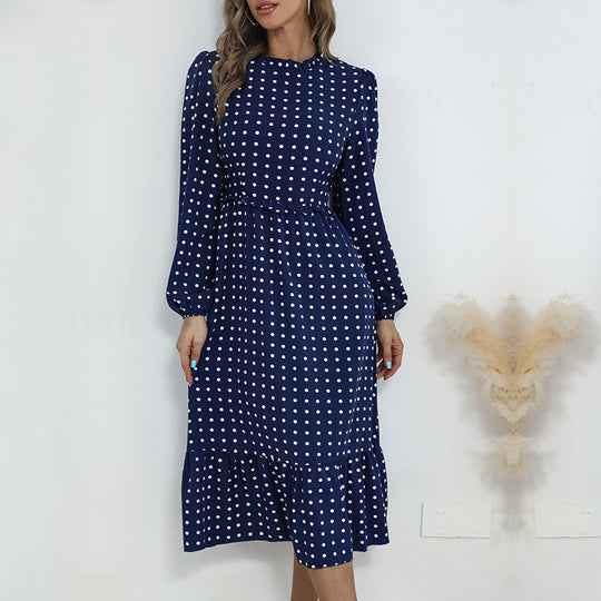 Damen Midikleid im Retro-Polka-Dot-Stil mit Stehkragen, taillierter Raffung und Volant Shop Nory