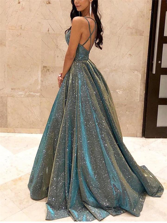 Damen Spaghettiträger V-Ausschnitt A-Linie Glitzer Maxi Ballkleid