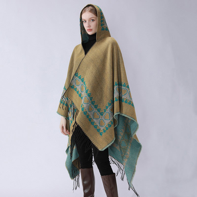 Damen Kapuzen-Capeponcho aus Wollmix mit Herz-Jacquard und Fransensaum Shop Nory