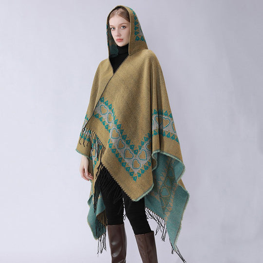 Damen Kapuzen-Capeponcho aus Wollmix mit Herz-Jacquard und Fransensaum Shop Nory