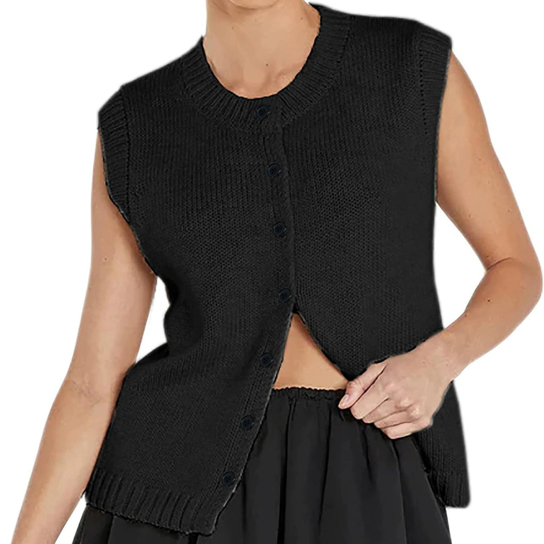 Damen gestrickte ärmellose Knopf-Weste mit Rippkragen Shop Nory
