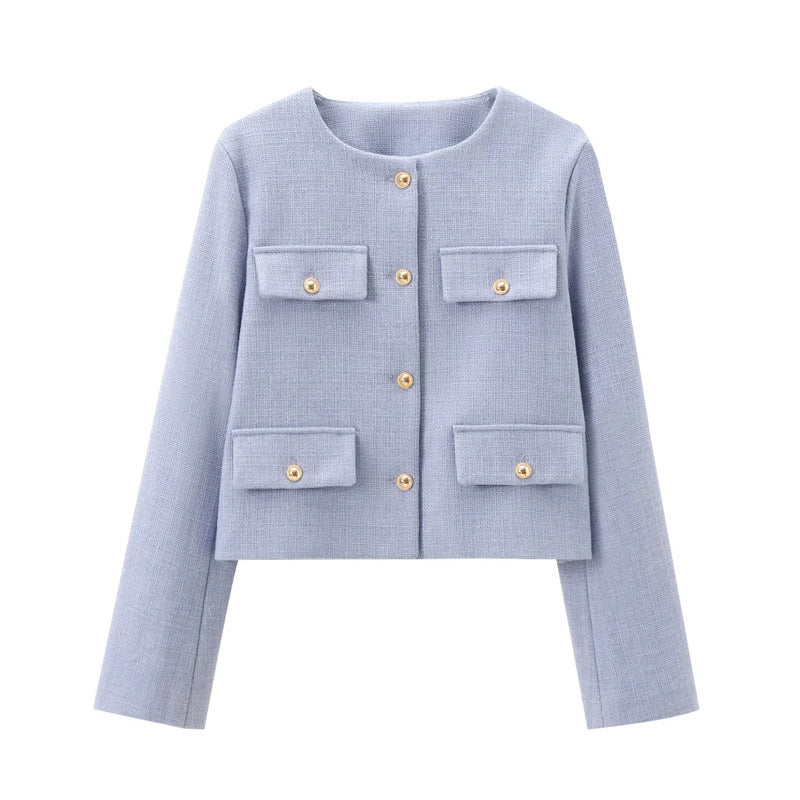Damen Modische Kurzjacke mit dekorativen Knöpfen und praktischen Taschen