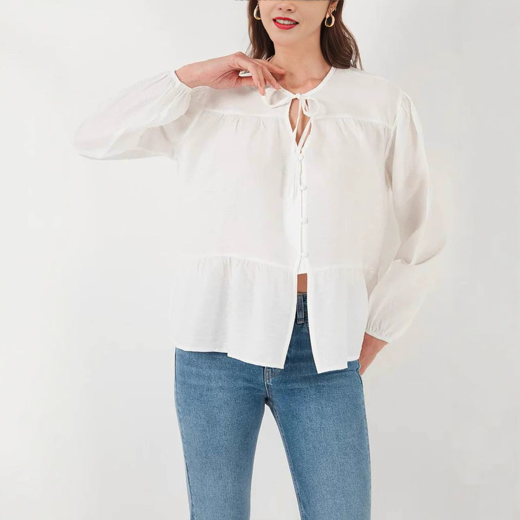 Damen locker fallende Baumwollbluse mit Volantstufe und Bindekragen Shop Nory