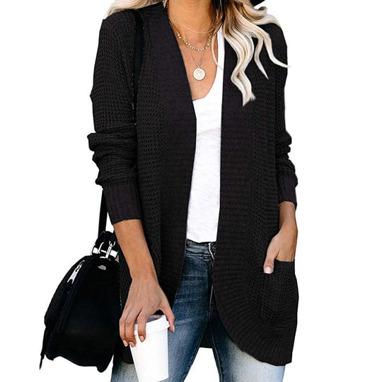 Damen Langer Offener Strickcardigan mit Taschen, Rippbündchen und strukturierter Waffeloptik Shop Nory