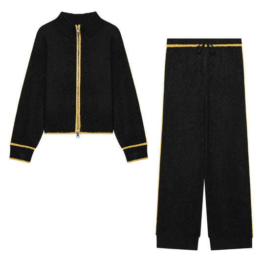 Damen Kuschel-Strickset mit Reißverschluss-Cardigan, Stehkragen und weiter Strickhose Shop Nory