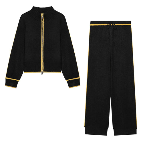 Damen Kuschel-Strickset mit Reißverschluss-Cardigan, Stehkragen und weiter Strickhose Shop Nory