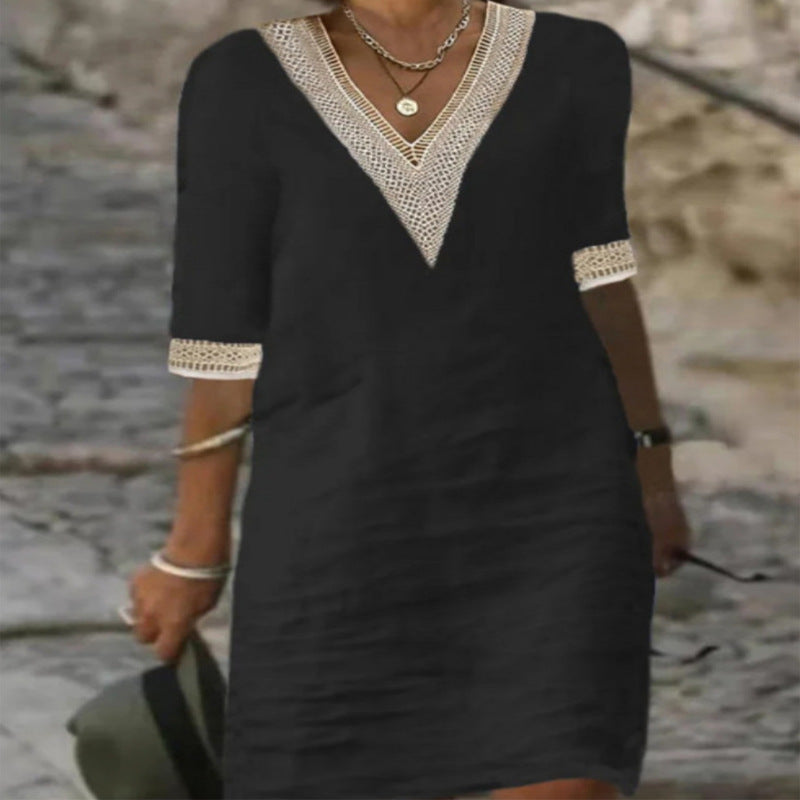 Damen Leichtes Leinen-Midikleid mit V-Ausschnitt und Häkelspitzenbesatz Shop Nory