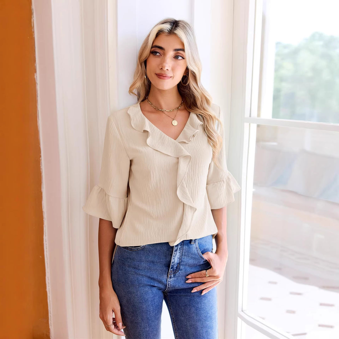 Damen Rüschenbluse mit V-Ausschnitt und Glockenärmeln Shop Nory
