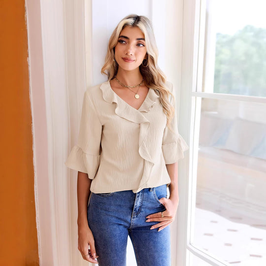Damen Rüschenbluse mit V-Ausschnitt und Glockenärmeln Shop Nory