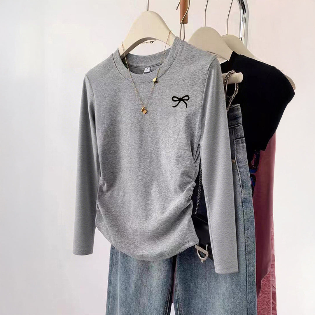 Damen nan gerüschtes Langarmshirt mit dezenter Schleifen-Stickerei und taillierter Drapierung Shop Nory
