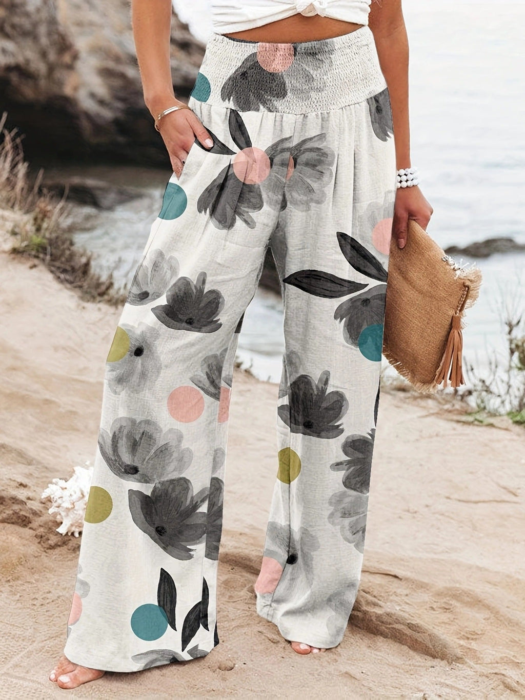 Damen Weit geschnittene Strandhose mit floralem Motiven und elastischem Bund
