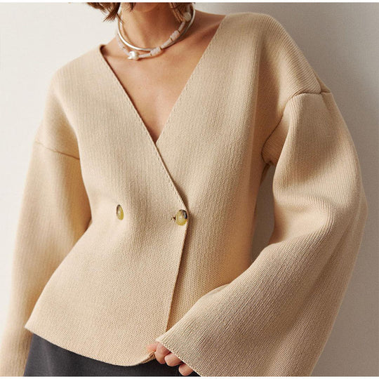 Damen Strickjacke Wickeloptik mit tiefem V-Ausschnitt und Glockenärmeln Shop Nory