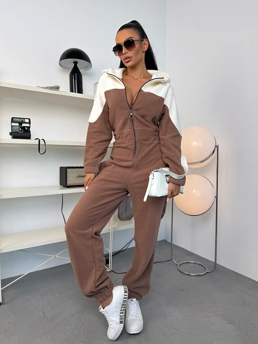 Damen gemütlicher Fleece-Overall mit Kapuze, durchgehendem Reißverschluss und elastischen Bündchen Shop Nory