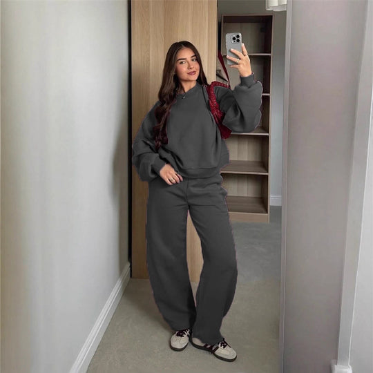 Damen Cropped-Sweatshirt mit hohem Rundhalsausschnitt und elastischer Tunnelzug Wide-Leg Jogginghose Set Shop Nory