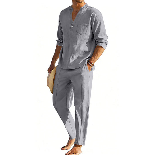 Herren nan komfortables Leinen-Zweiteiler mit Stehkragenhemd und konisch zulaufender knöchellanger Hose