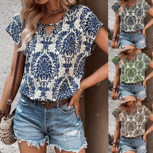 Damen Lässiges Kurzarm-Viscose-Top mit Keyhole-Ausschnitt und Barockmuster Shop Nory