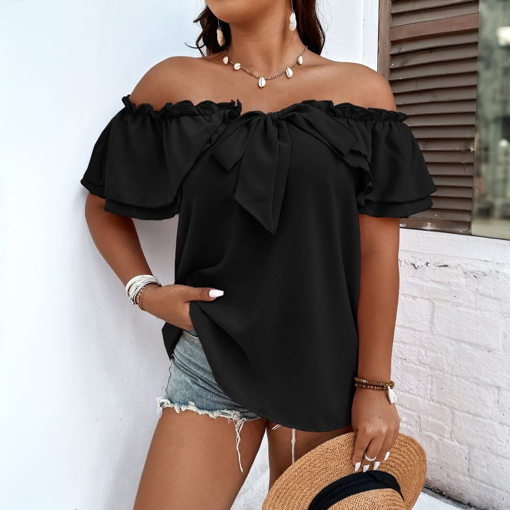 Damen Off-Shoulder Oberteil mit Schleifen-Details und Rüschensäumen
