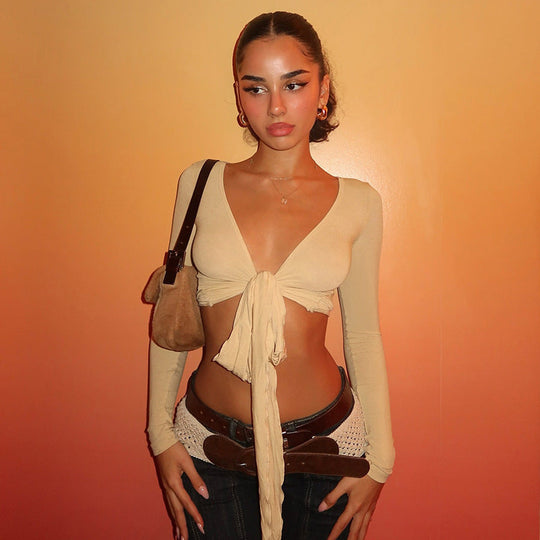 Damen Crop-Top mit verspieltem BindShopnoryand und langen Ärmeln