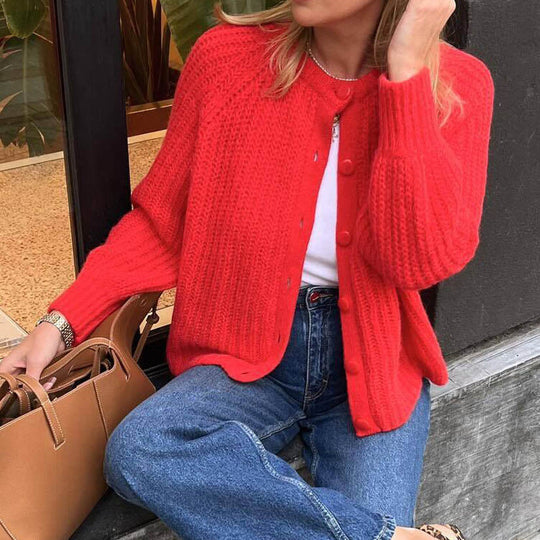 Damen Oversize Mohair-Effekt Strickjacke mit Rippenstruktur und Rundhalsausschnitt Shop Nory