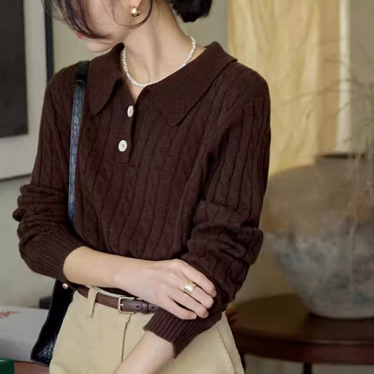 Damen Polokragen‑Zopfstrickpullover mit halber Knopfleiste Shop Nory