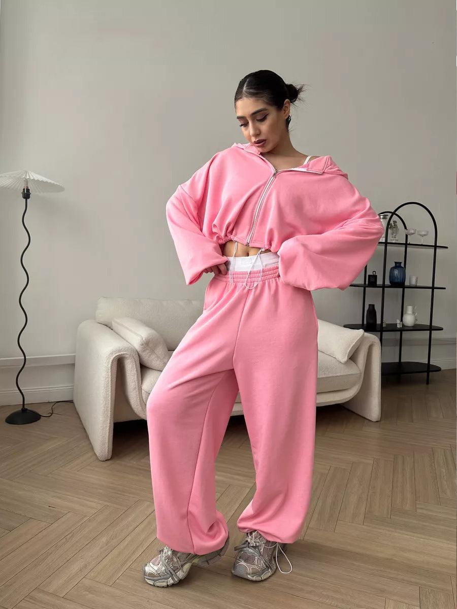 Damen kurzes Kapuzenzipper-Lounge-Set mit oversized Ärmeln und weitem Jogginghose-Schnitt Shop Nory