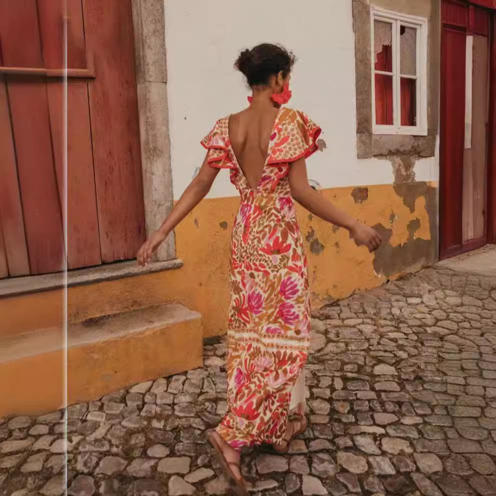 Damen Maxikleid mit farbenfrohem floralem Muster und Volantärmel