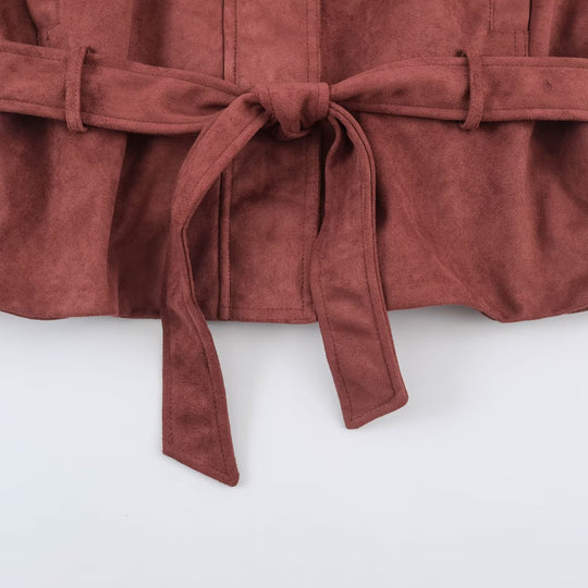 Damen Kurzjacke in Velours‑Optik mit hohem Funnelkragen, verdecktem Verschluss und Taillenbindegürtel Shop Nory