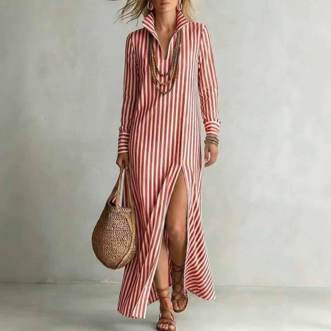 Damen Langes Hemdkleid im Streifen-Look mit Kragen, langen Ärmeln und hohem Beinschlitz Shop Nory