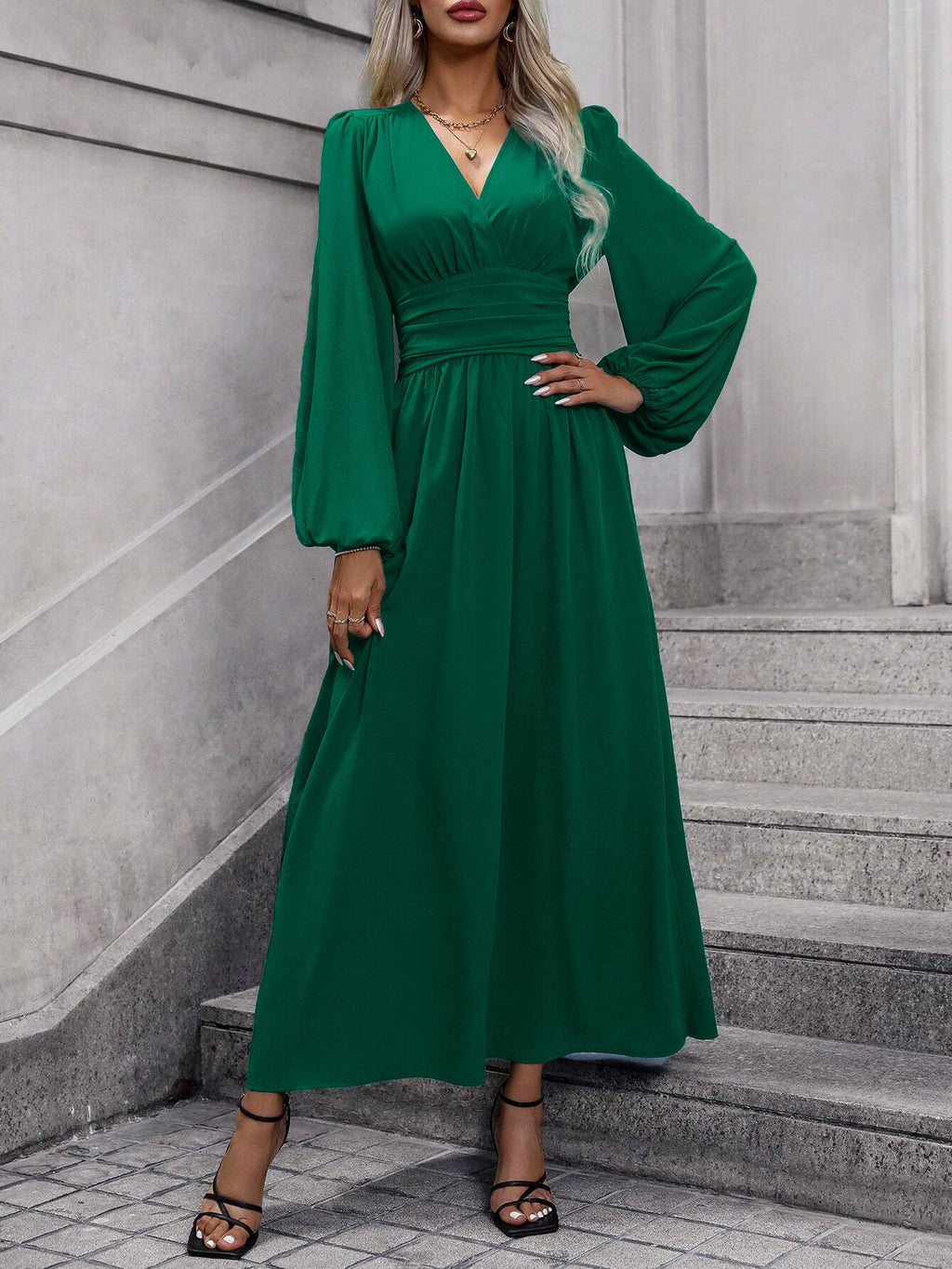 Damen Grecian-Maxikleid Ballonärmel Seitenschlitz